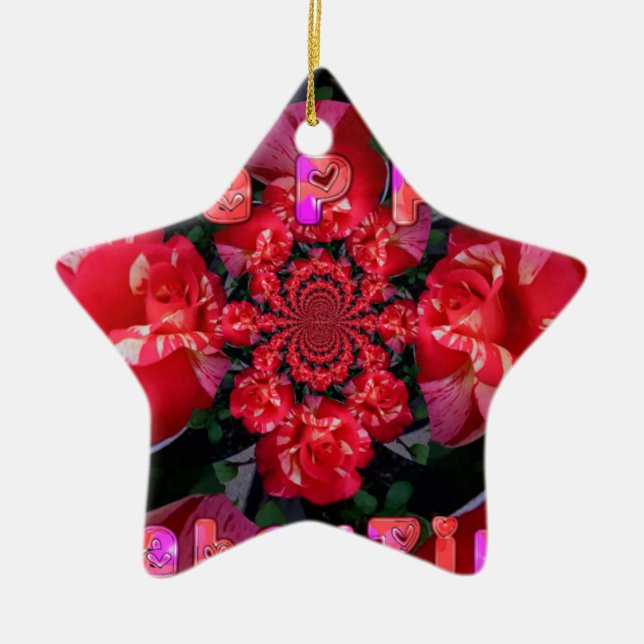 Iridescent Red Roses "Happy Valentine" Art Print Ceramic Tree Decoration (Front)