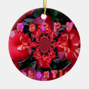 Iridescent Red Roses "Happy Valentine" Art Print Ceramic Tree Decoration