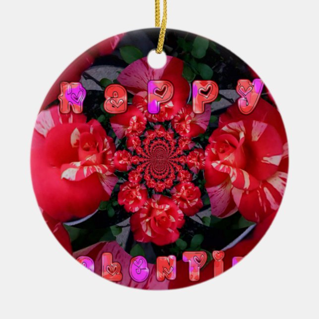 Iridescent Red Roses "Happy Valentine" Art Print Ceramic Tree Decoration (Front)