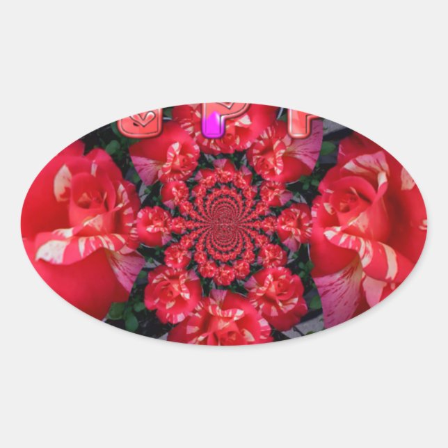  Iridescent Red Roses "Happy Valentine" Art Print Oval Sticker (Front)