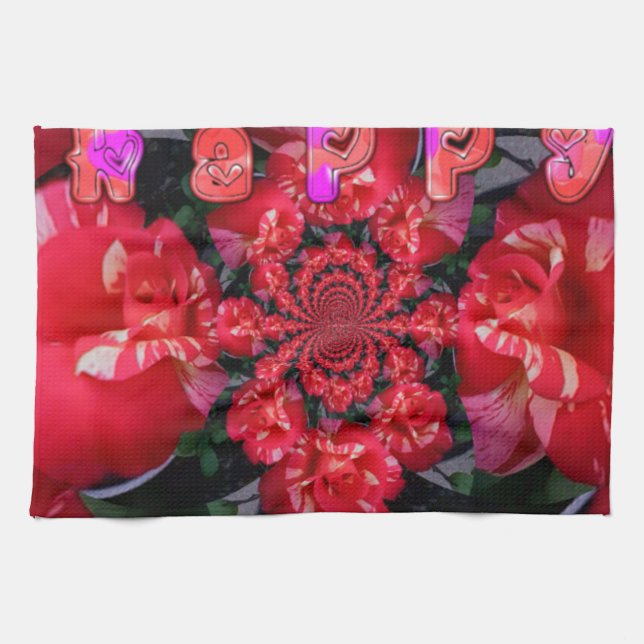  Iridescent Red Roses "Happy Valentine" Art Print Tea Towel (Horizontal)