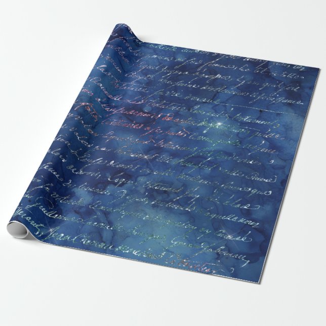 Iridescent Script on Blue Wrapping Paper (Unrolled)