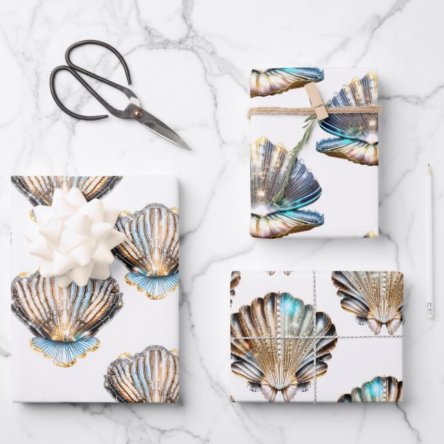 Iridescent seashells shell seamless pattern beach  wrapping paper sheet (Front)