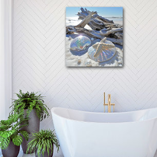Iridescent Seashells Starfish Driftwood White Sand Poster