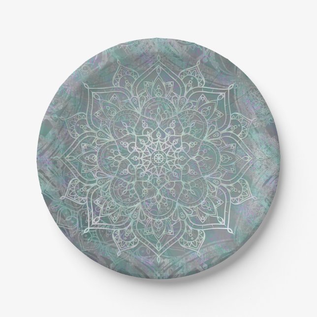 Iridescent Shimmer Mandala Boho Chic Paper Plate (Front)