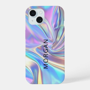 Iridescent Shiny Metallic Fabric, Large Black Name iPhone 15 Case