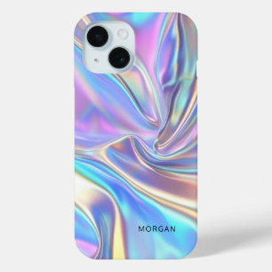 Iridescent Shiny Metallic Fabric, Small Black Name iPhone 15 Case