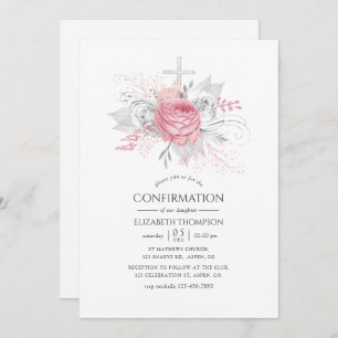 Iridescent Silver and Pink Floral Confirmation Invitation