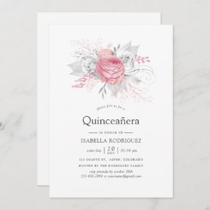Iridescent Silver and Pink Floral Quinceañera Invitation