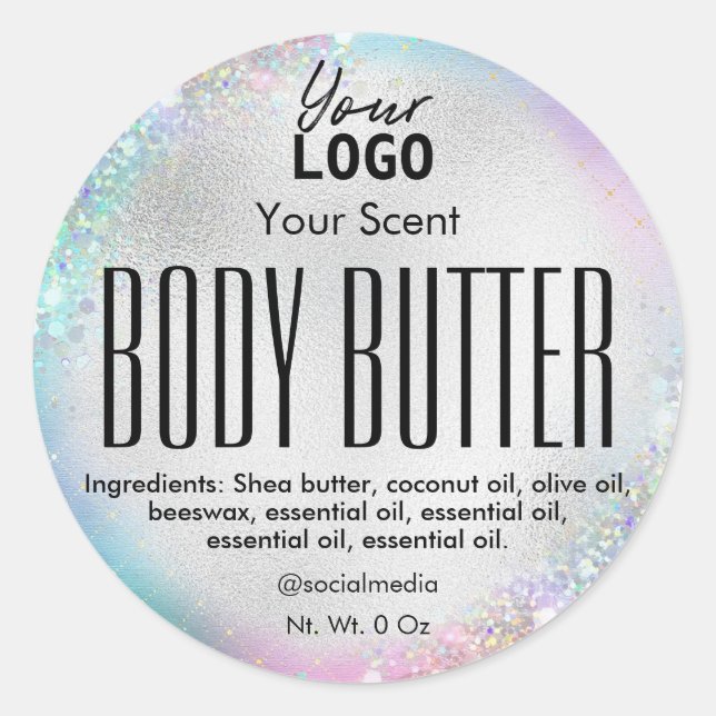 Iridescent Silver Foil Rainbow Body Butter Labels (Front)