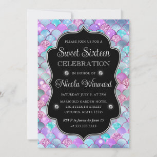 Iridescent Silver Mermaid Scales Frame Sweet 16 Invitation