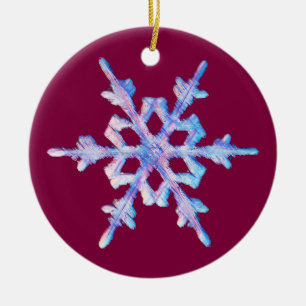 Iridescent Snowflake on Burgundy Ceramic Ornament