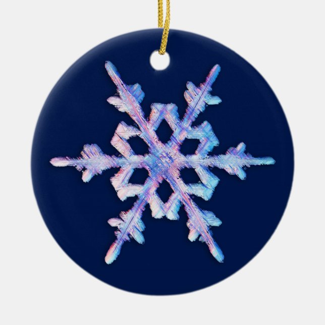 Iridescent Snowflake on Dark Blue Ceramic Tree Decoration (Front)