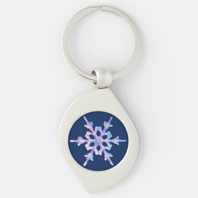 Iridescent snowflake on dark blue key ring (Front)