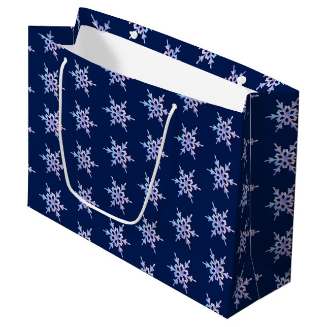 Iridescent snowflake on dark blue large gift bag (Front Angled)