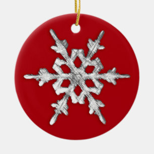 Iridescent Snowflake on Deep Red Ceramic Tree Decoration