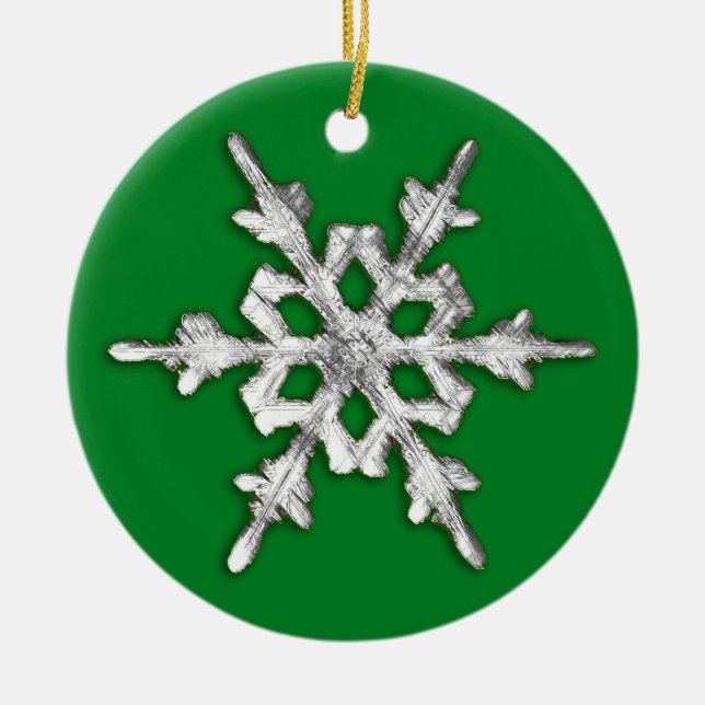 Iridescent Snowflake on Pine Green  Ceramic Tree Decoration (Front)