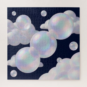 Iridescent Soap Bubbles Floating Dark Blue Dreamy Jigsaw Puzzle