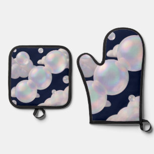 Iridescent Soap Bubbles Floating Dark Blue Dreamy Oven Mitt & Pot Holder Set