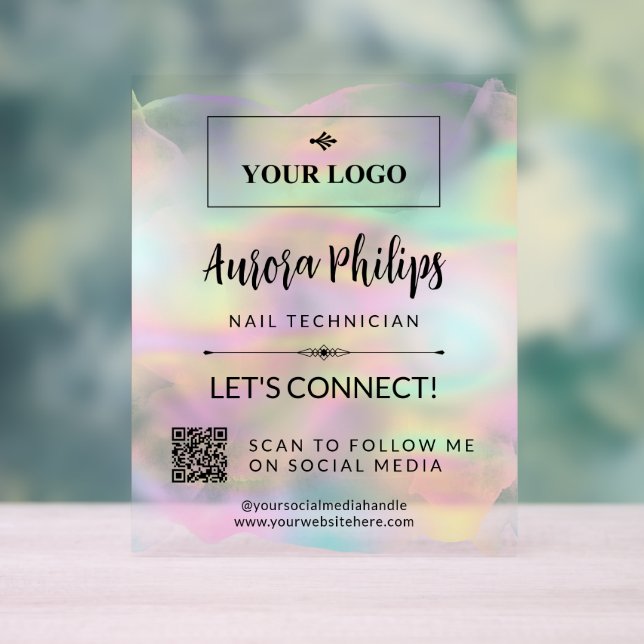 Iridescent Splash Your Logo & QR Social Media Acrylic Sign (Neutral)