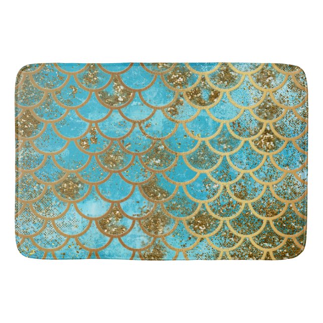 Iridescent Teal Gold Glitter  Mermaid Fish Scales Bath Mat (Front)