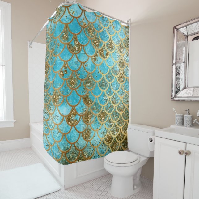 Iridescent Teal Gold Glitter  Mermaid Fish Scales Shower Curtain (In Situ)