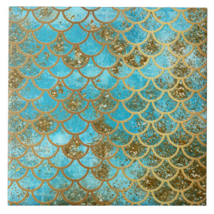 Iridescent Teal Gold Glitter  Mermaid Fish Scales Tile