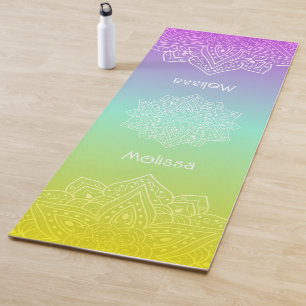 Iridescent Teal Rainbow Gradient Mandala With Name Yoga Mat