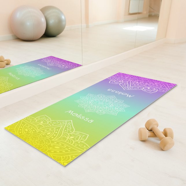 Iridescent Teal Rainbow Gradient Mandala With Name Yoga Mat (Disclaimer: This image is a digital mockup.)