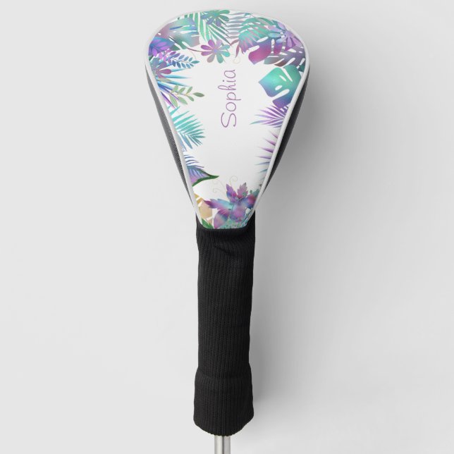 Iridescent Tropical Leaves, DIY Purple Name, White Golf Head Cover (Front)