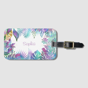 Iridescent Tropical Leaves, DIY Purple Name, White Luggage Tag