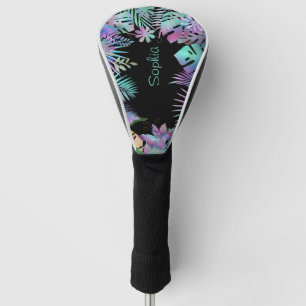Iridescent Tropical Leaves, DIY Teal Name, Black Golf Head Cover
