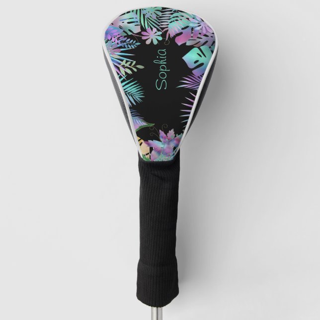 Iridescent Tropical Leaves, DIY Teal Name, Black Golf Head Cover (Front)