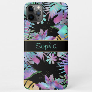 Iridescent Tropical Leaves, DIY Teal Name, Black iPhone 11Pro Max Case