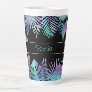 Iridescent Tropical Leaves, DIY Teal Name, Black Latte Mug