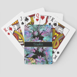 Iridescent Tropical Leaves, DIY Teal Name, Black Playing Cards