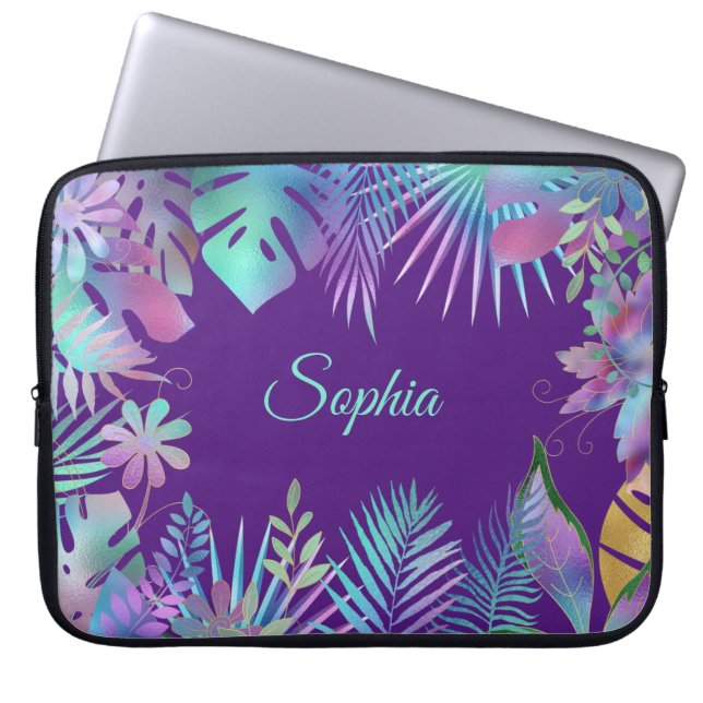 Iridescent Tropical Leaves, DIY Teal Name, Purple Laptop Sleeve (Front)