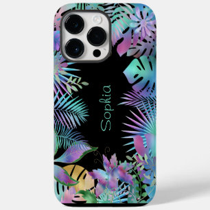 Iridescent Tropical Leaves, Light Teal Name, Black iPhone 14 Pro Max Case