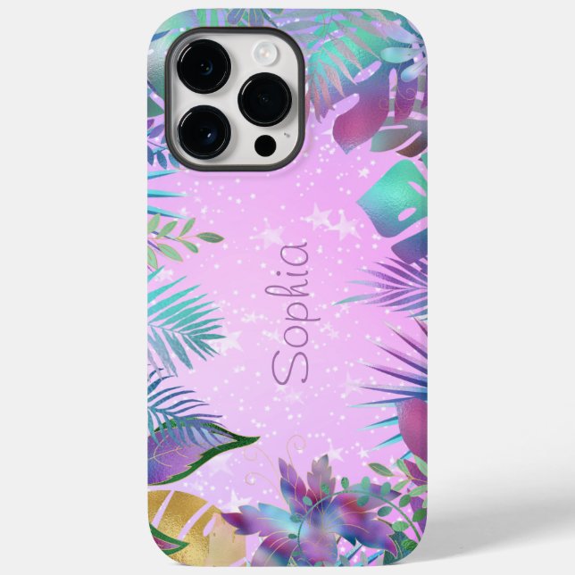 Iridescent Tropical Leaves, Name White Stars, Pink Case-Mate iPhone Case (Back)