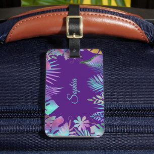 Iridescent Tropical Leaves, Teal Name on Purple Luggage Tag