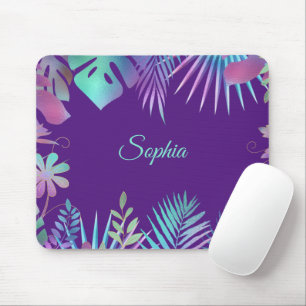 Iridescent Tropical Leaves, Teal Name on Purple Mouse Mat