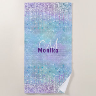 Iridescent Turquoise Silver Faux Glitter Monogram Beach Towel