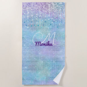 Iridescent Turquoise Silver Faux Glitter Monogram Beach Towel
