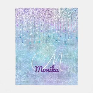 Iridescent Turquoise Silver Faux Glitter Monogram Fleece Blanket