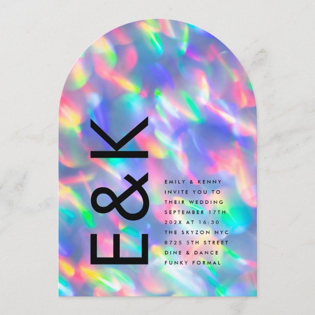 Iridescent Ultra Modern Monogram Wedding Arch Invitation (Front)