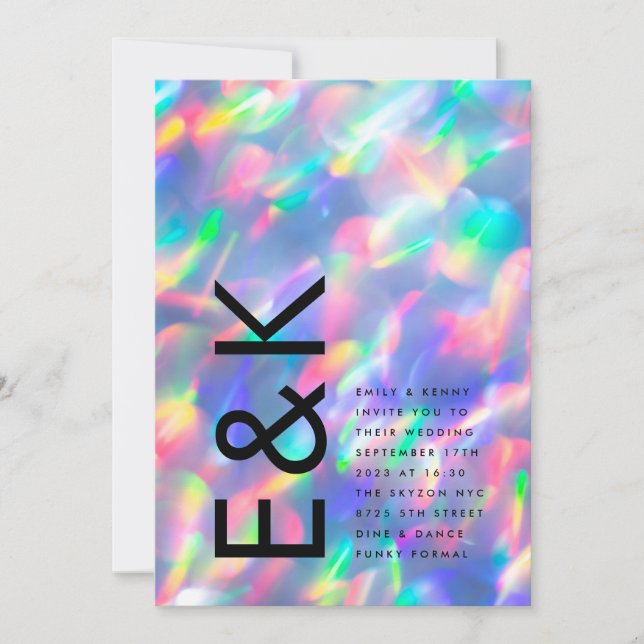 Iridescent Ultra Modern QR CODE RSVP Wedding Invitation (Front)