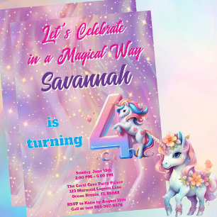 Iridescent Unicorn Girl 4th Birthday Party Invitation
