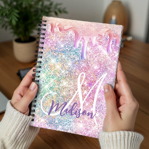 Iridescent unicorn pink faux glitter drip monogram notebook