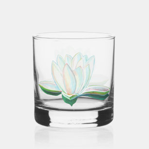 Iridescent White Lotus Illustration Whiskey Glass