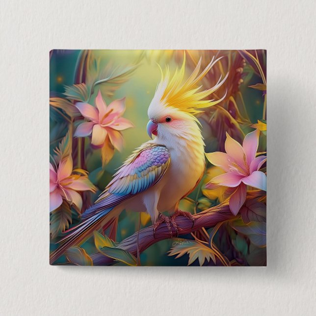 Iridescent Wing Cockatiel Fantasy Bird 15 Cm Square Badge (Front)
